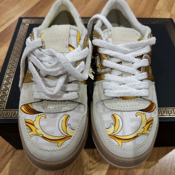 Fendace Fendi Versace Match Suede Sneakers Chunky Skate White Gold Size 37 Women - Picture 2 of 15